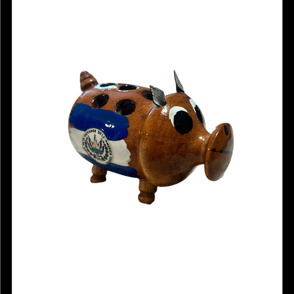 Handmade Wood El Savador Painted Pig Pen Pencil Holder W Leather Ears